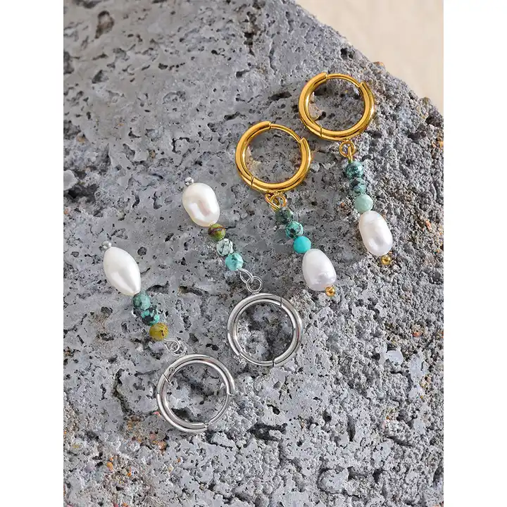 Balance the mind - Drop Earrings with Turquoise and Pearl - Image 4