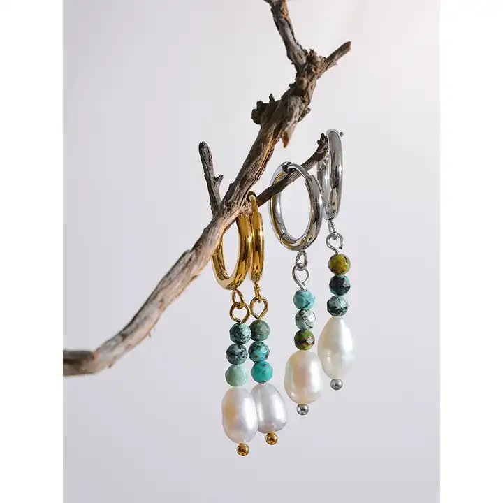 Balance the mind - Drop Earrings with Turquoise and Pearl - Image 7