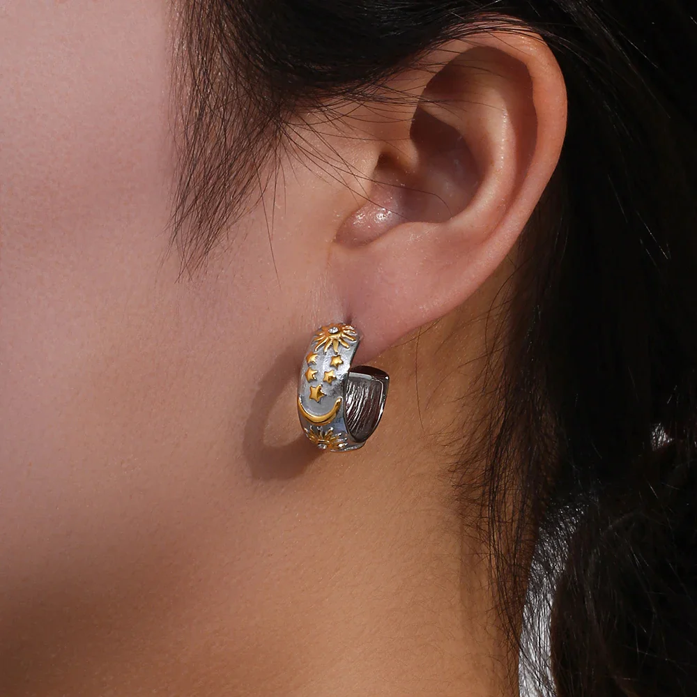 Celestial Eclipse: Sun and Moon Silver Hoop Earrings - Image 2