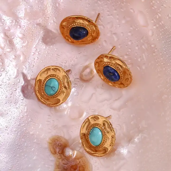 Confidence and Happiness - 18k Stud Earrings with Lapis Lazuli and Turquoise - Image 5