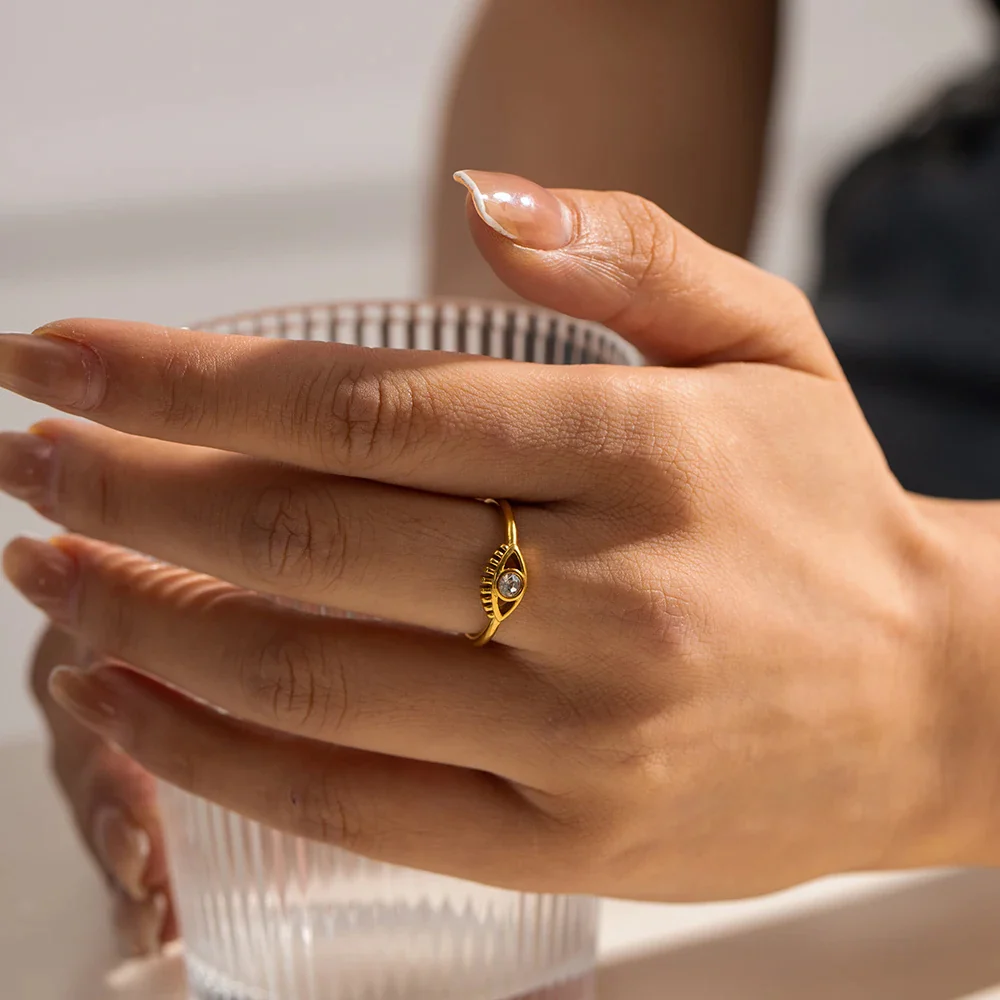 Evil Eye Gold Adjustable Ring with Crystal - Image 2