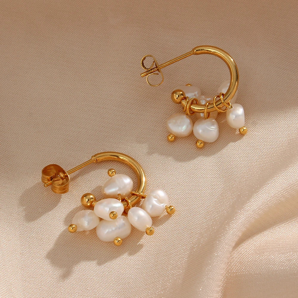 Gold Hoop Earrings with Pearls - Image 2
