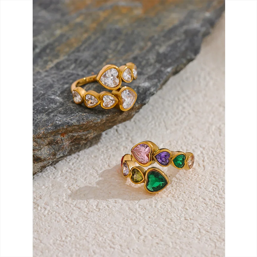 Gold Hearts Ring with Sparkling White Crystals - Image 3