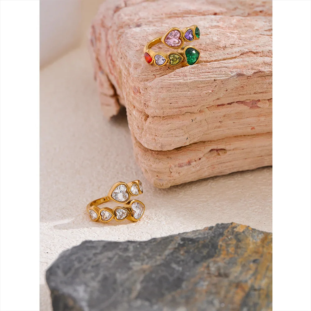 Gold Hearts Ring with Sparkling White Crystals - Image 4