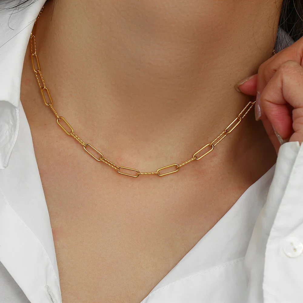 Paper Clip 18K Gold Chain Bracelet and Necklace Set - Image 2