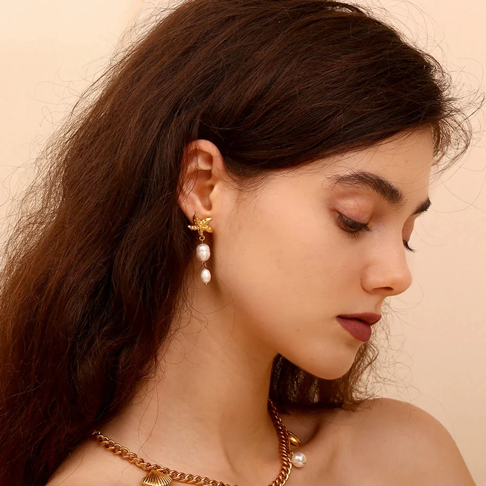 Ocean Treasures - Starfish and Pearls Dangle Gold Earrings - Image 2