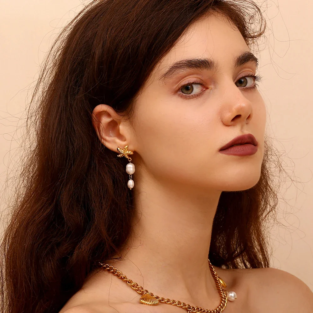 Ocean Treasures - Starfish and Pearls Dangle Gold Earrings - Image 3