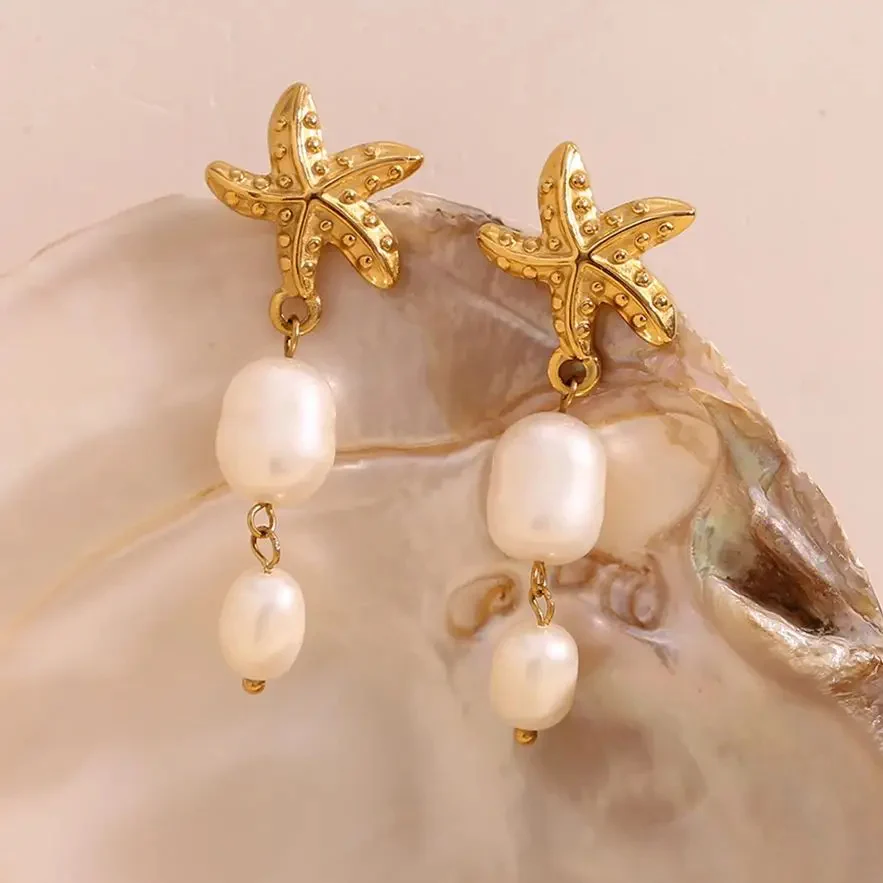 Ocean Treasures - Starfish and Pearls Dangle Gold Earrings - Image 4