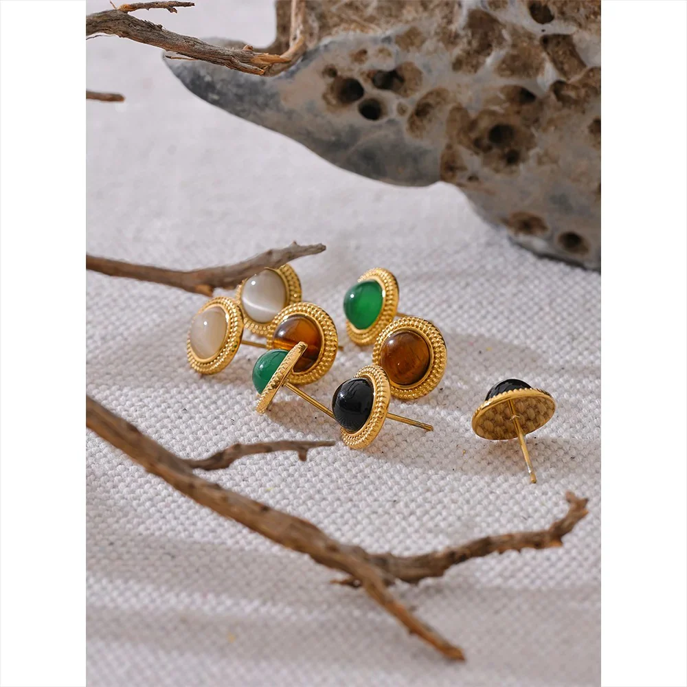 The One - Gold Stud Earrings with Green Agate - Image 2