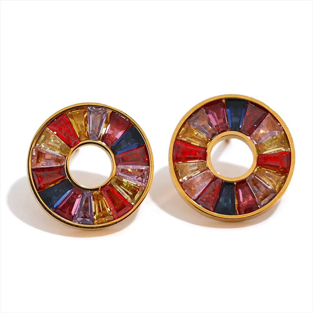 Vibrant - Rainbow Round Gold Stud Earrings - Image 6